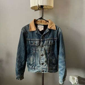 Vintage Denim Jacket with Corduroy Collar and Red Flannel Lining